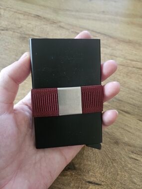 Slim Black Secrid RFID Blocking Card Holder with Burgundy Elastic Strap